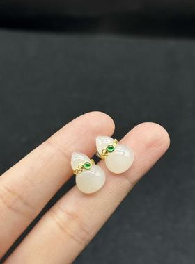 s925银和田玉耳钉-约14*9mm-多样性发货-YSP金-B731