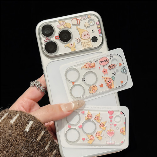 可爱卡通趣味镜头膜适用iPhone17pro闪粉高级感苹果18promax底座膜静电吸附贴膜18pm手机贴纸相机摄像头保护