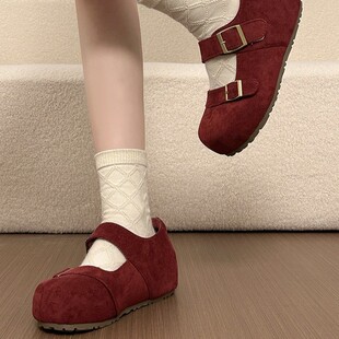 红色复古绒面百搭内增高玛丽珍鞋女2026春季新款可爱圆头浅口单鞋