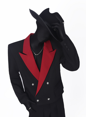 BlackClothes限定款黑红拼接短款气质西服个性男女垫肩长袖西装潮