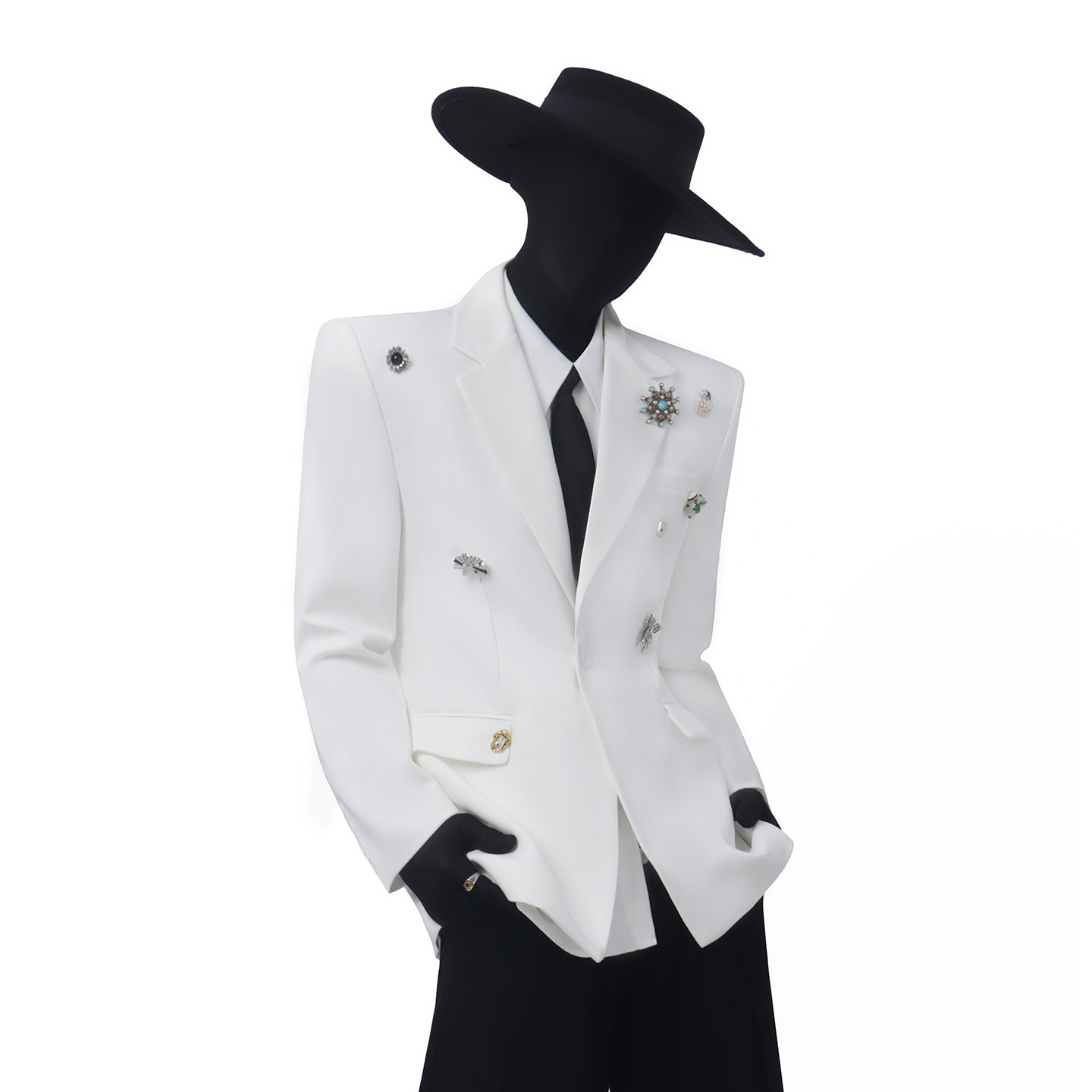 BlackClothes高定款金属胸针装饰白色西服外套垫肩个性百搭西装男