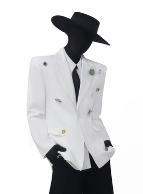 BlackClothes高定款金属胸针装饰白色西服外套垫肩个性百搭西装男
