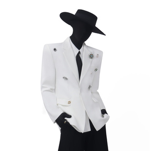 BlackClothes高定款金属胸针装饰白色西服外套垫肩个性百搭西装男