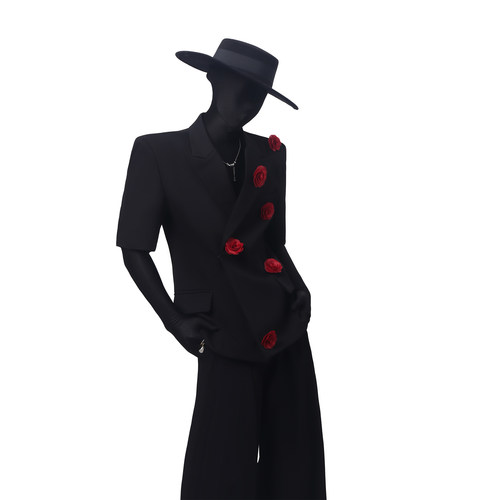 BlackClothes玫瑰垫肩短袖西装