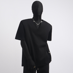 Black clothes黑色百搭短袖T恤男上衣男士v领潮牌半袖时尚ins早春
