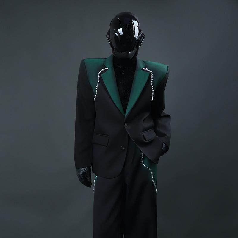 秋冬新品设计感撞色渐变西装外套高级小众宽松钉珠垫肩西服套装潮
