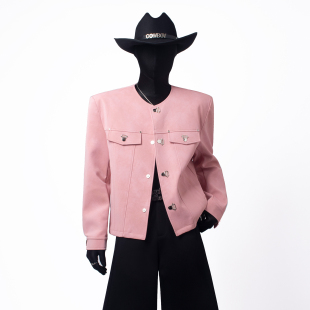 BlackClothes个性金属扣粉色短款夹克外套无领垫肩长袖皮衣设计感