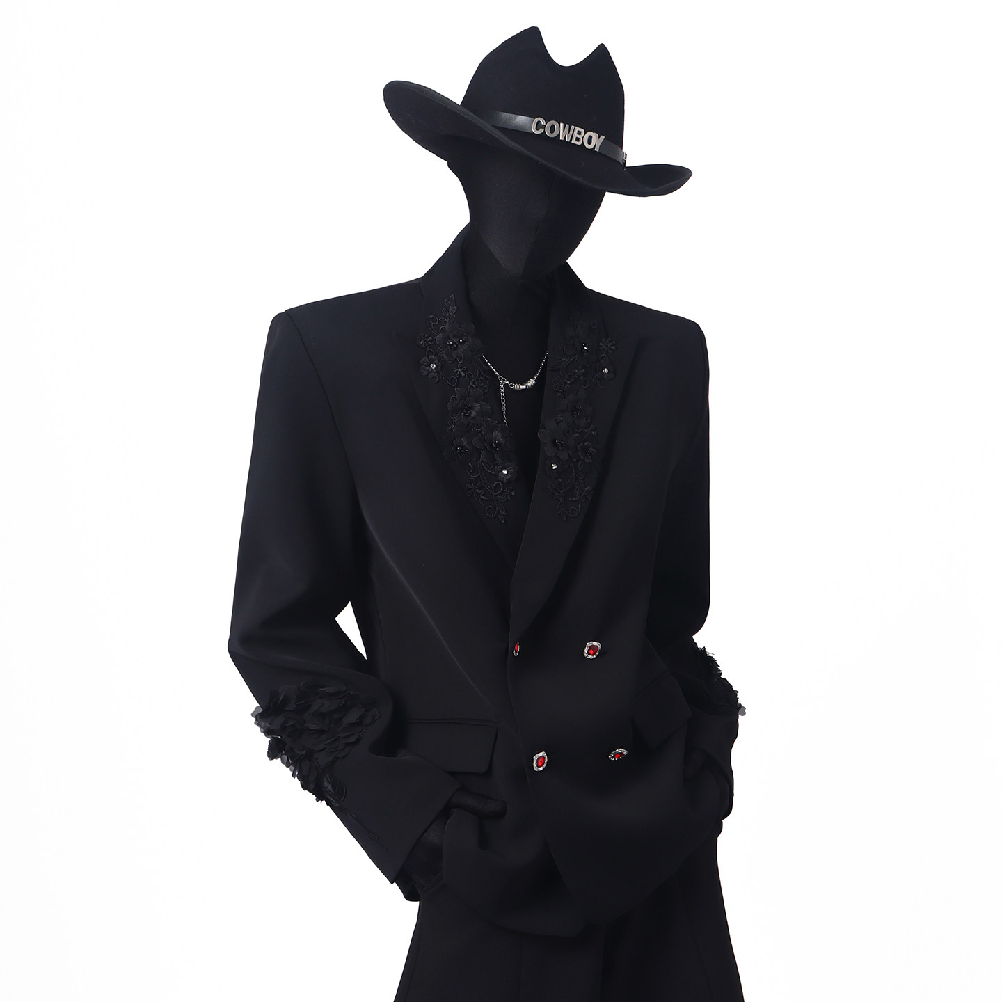 BlackClothes高级黑白双排扣西装外套男舞台演出设计刺绣花朵西服