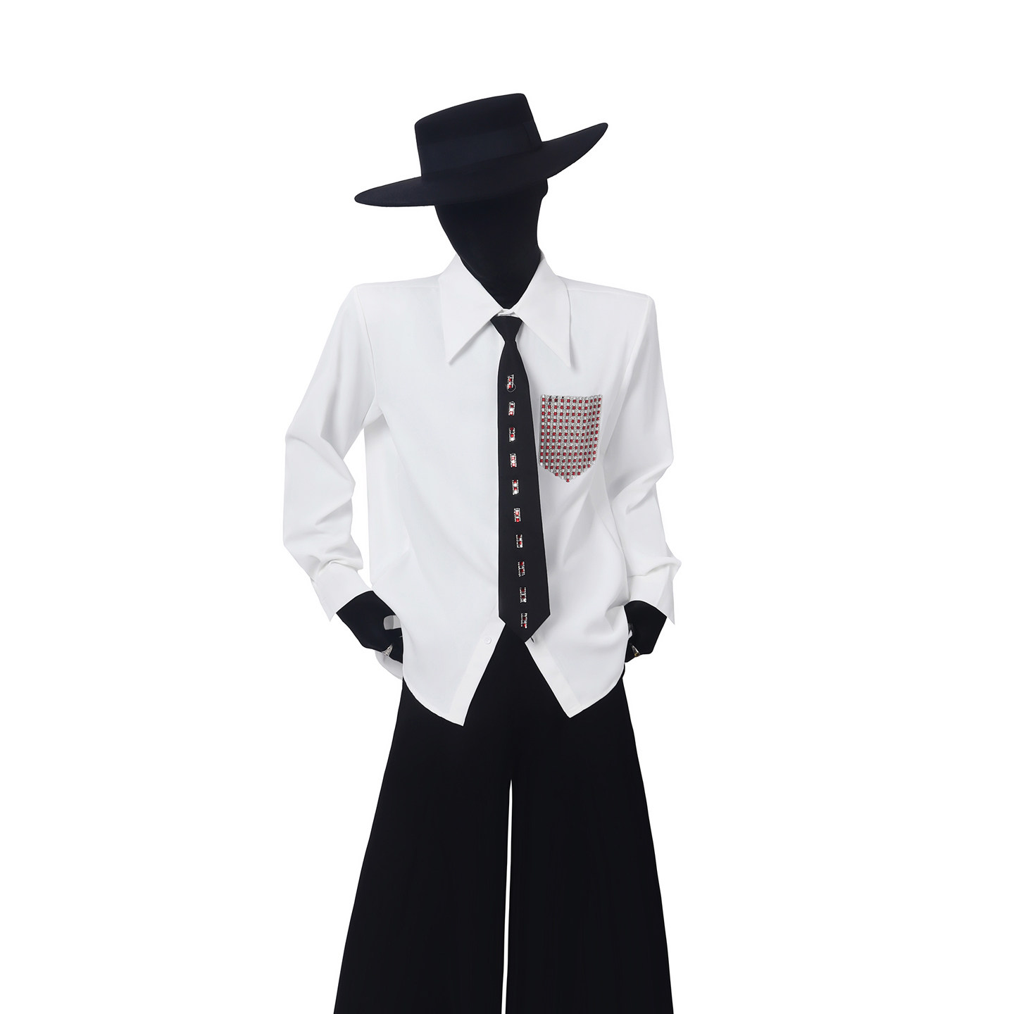 BlackClothes新款烫钻衬衫男长袖高级感衬衣搭配领带痞帅垫肩上衣