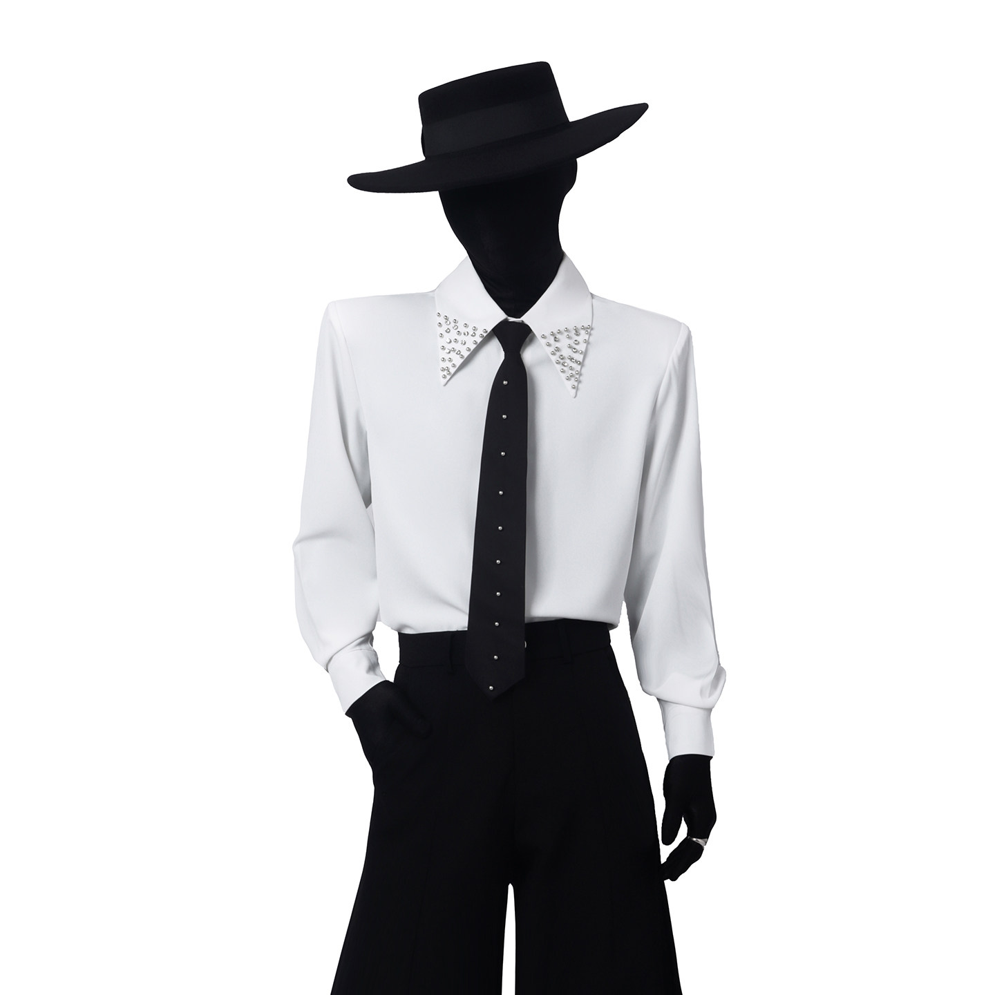 BlackClothes韩版黑白钉珠衬衫男士垫肩长袖搭配领带休闲百搭衬衫