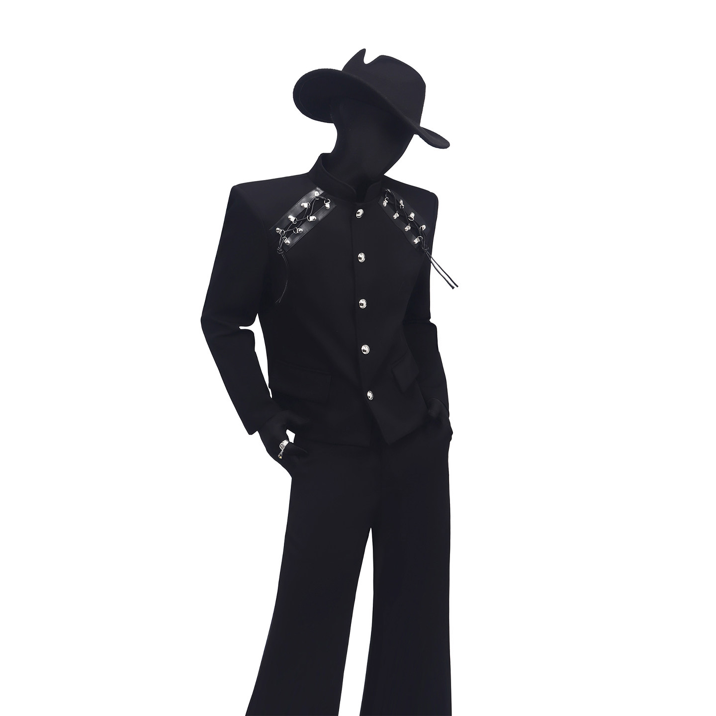 BlackClothes暗黑重工拼皮绑带立领西装外套休闲个性显瘦微喇叭裤
