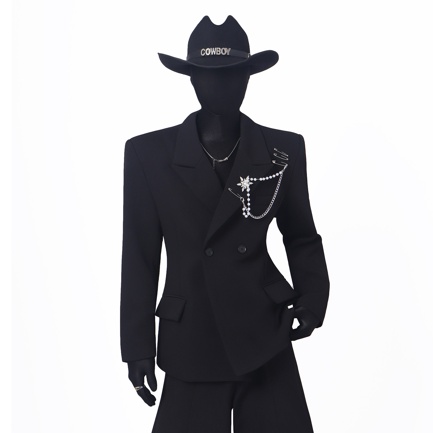 BlackClothes高级感胸花金属链条收腰垫肩宽松男西装外套黑色气质