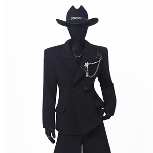 BlackClothes高级感胸花金属链条收腰垫肩宽松男西装外套黑色气质
