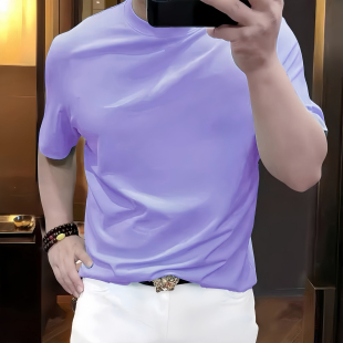 真长绒棉圆领男士短袖T恤修身夏季丝滑抗皱冰丝青年浅紫色打底衫