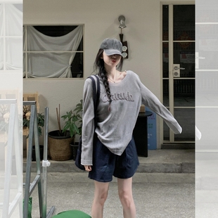 女外搭慵懶斜肩罩衫 上衣 T恤防曬衫 清倉撿漏品牌撤柜針織冰絲長袖