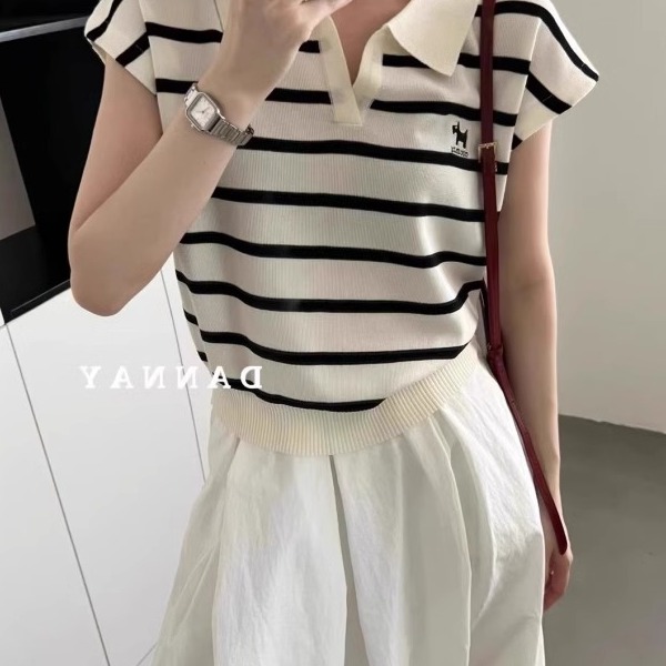 清仓捡漏品牌撤柜条纹针织polo衫女冰丝短袖t恤女夏短款飞袖上衣