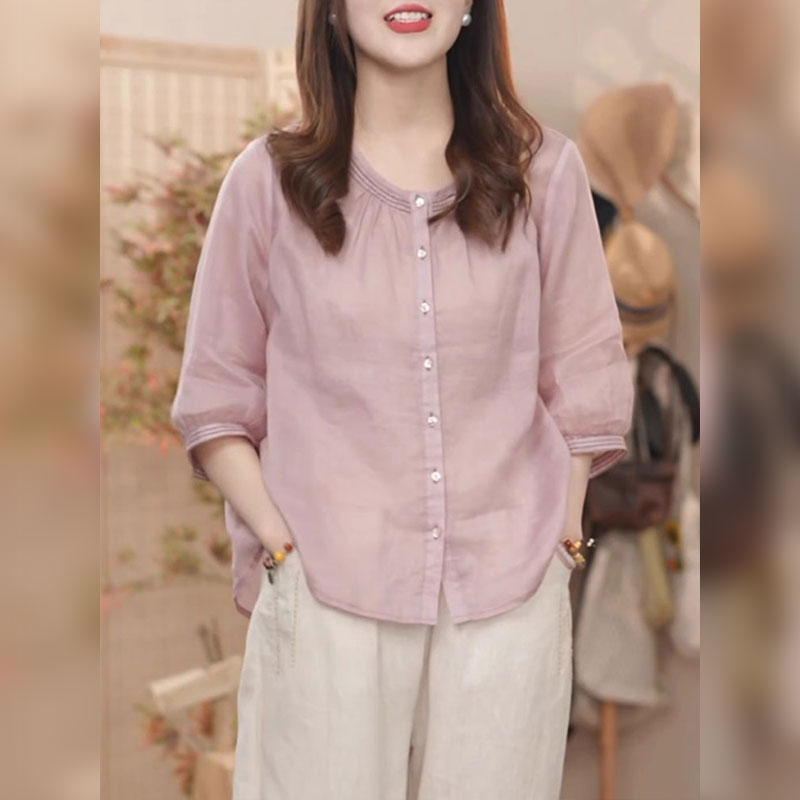 欧货高端大牌文艺减龄单排扣五分袖开衫上衣2025夏季宽松衬衫女装