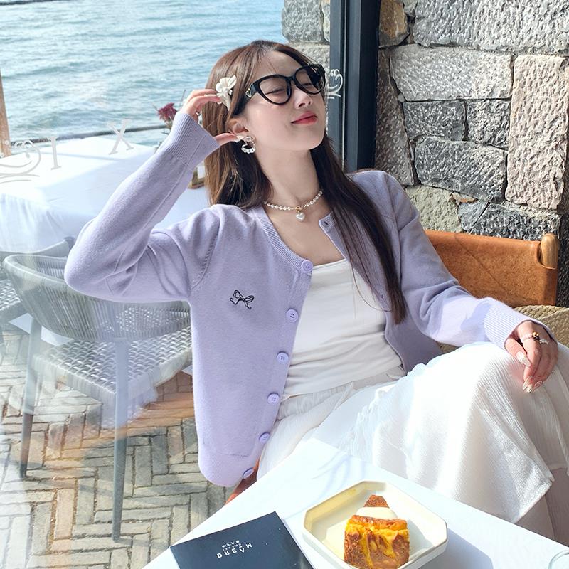 紫色毛衣开衫针织外套女春秋