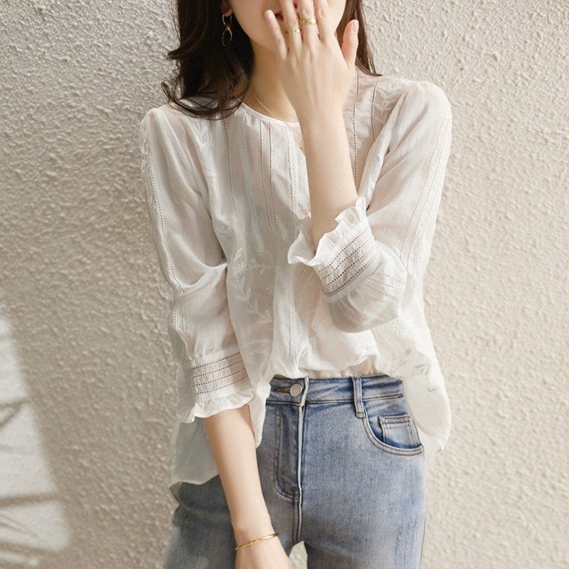 清仓捡漏专柜撤回外贸女装棉麻衬衫女夏季薄款绣花设计感宽松上衣