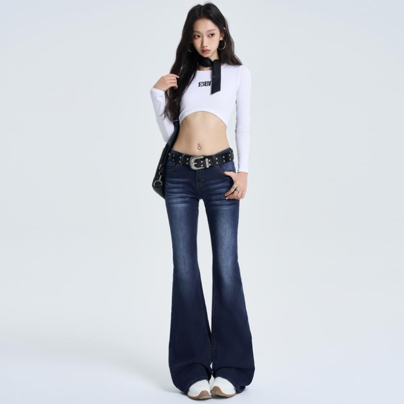 美式复古牛仔裤女2025新款秋冬加绒爆款辣妹弹力显瘦低腰微喇裤子