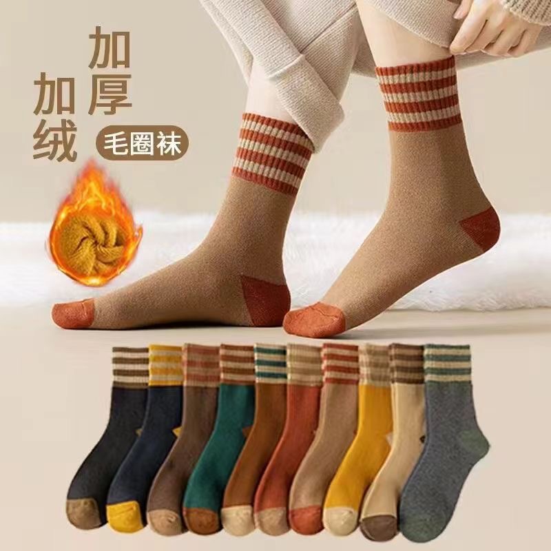 【加厚保暖】秋冬季毛圈袜中筒袜加绒保暖条纹男女同款撞色复古