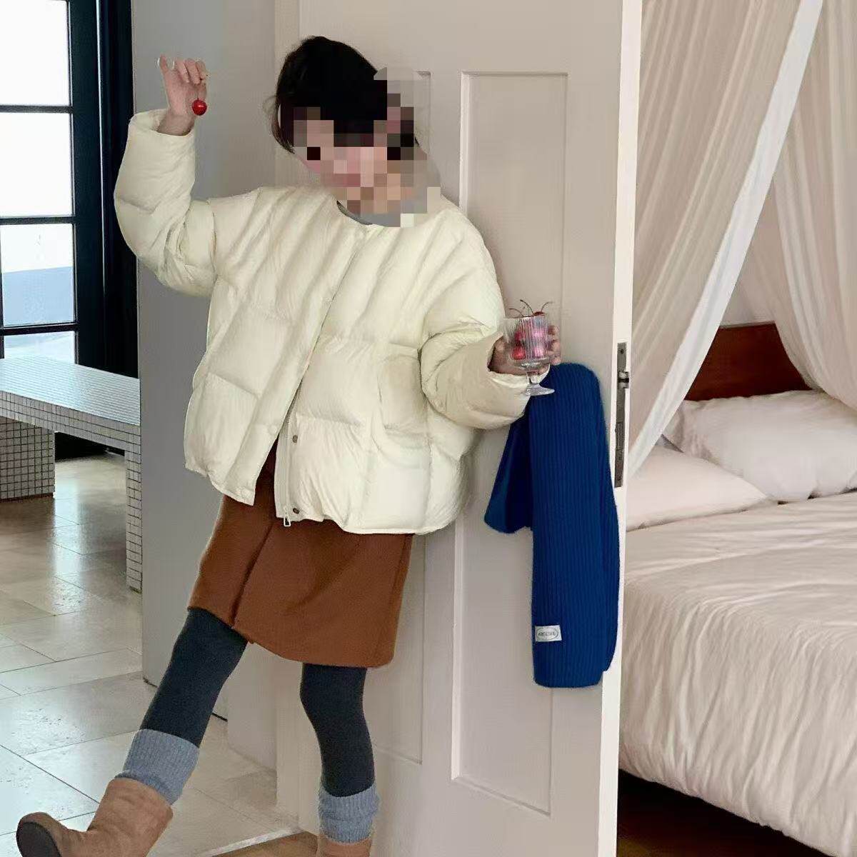 韩版短款羽绒服泡芙云朵感圆领小众设计袖口拉链加厚90白鸭绒外套