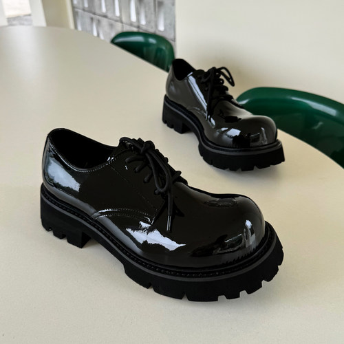 【帽子先森】黢黑大圆头德比鞋男厚底米奇牛皮鞋欧货真皮低帮鞋潮