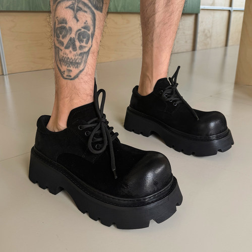 麻了黑色大头米奇德比鞋男牛反绒