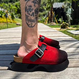 【帽子先森】很骚艳红色复古包头勃肯鞋男真皮厚底半拖鞋欧货潮鞋