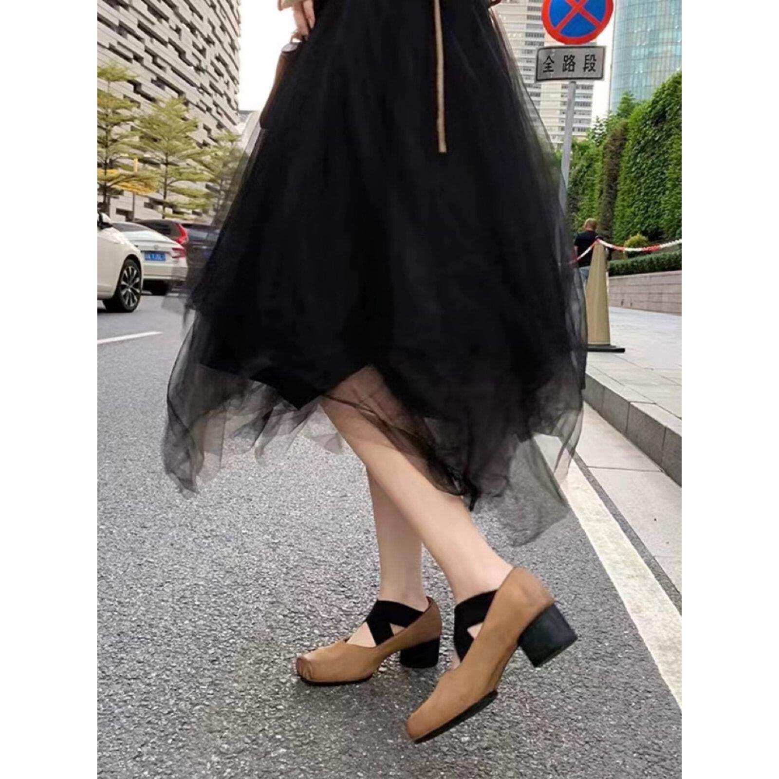 羊皮版~芭蕾舞鞋外穿方头粗跟单鞋女交叉复古玛丽珍猪中跟鼻子鞋