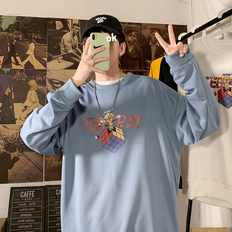 Autumn new Hong Kong Style loose round neck Pullover Sweater men's funny print top