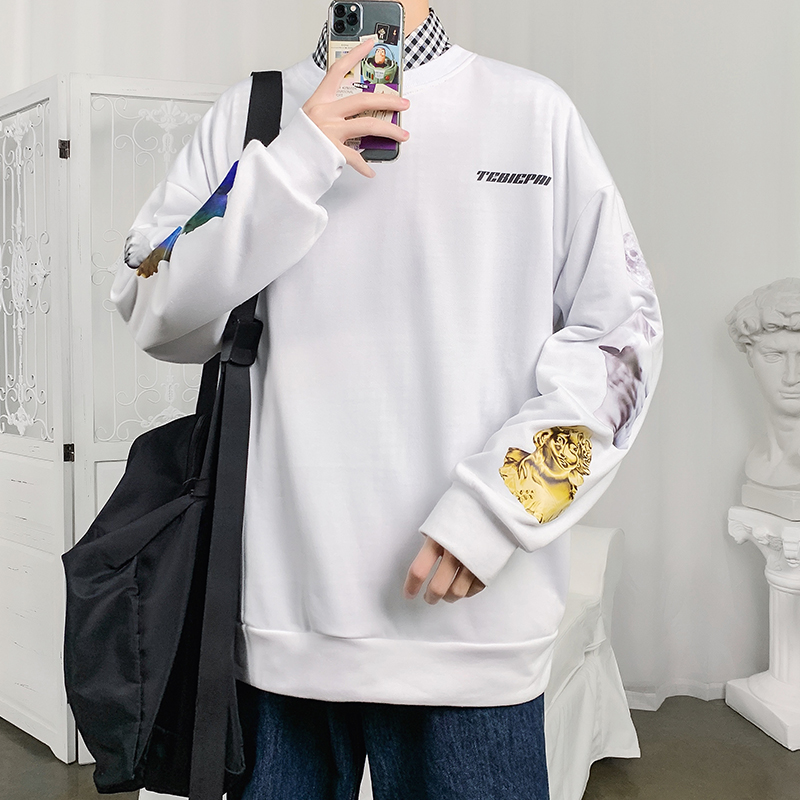 Autumn new round neck Pullover printed sweater men's Hong Kong Style loose long top