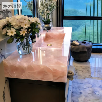 轻奢天然大理石粉玉奢石卫生间悬挂式洗手盆浴室柜酒店民宿洗漱台