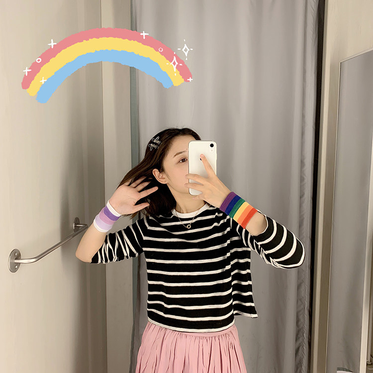 日系少女网红同款护腕百搭透气可爱粉白紫色条纹运动吸汗护腕套潮