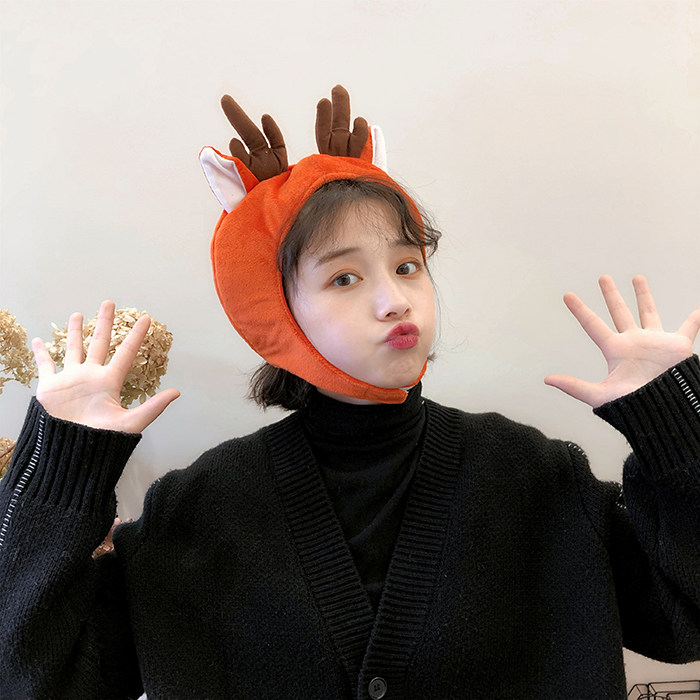 创意ins少女心卖萌卡通麋鹿头套女学生圣诞节派对狂欢自拍照道具