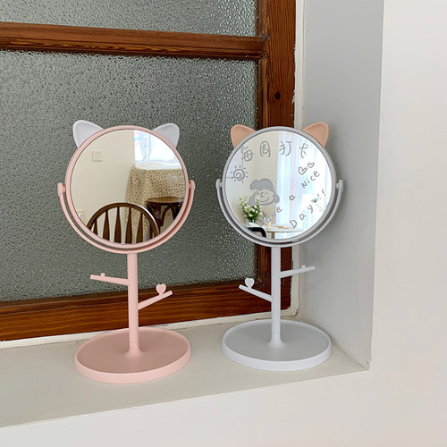 ins猫耳朵台式高清房间化妆镜子