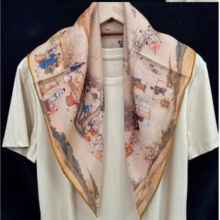 汴京庙会国风原创100桑蚕丝65cm真丝薯莨纱中方巾百搭护颈丝巾