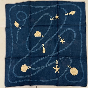 蓝色绳索贝壳65cm丝绒提花秋冬时尚 通勤围巾保暖百搭披肩丝巾