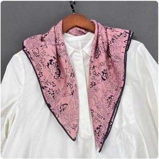 特价 粉色花卉桑蚕丝澳毛混纺65cm双面异色丝毛中方巾保暖百搭围巾