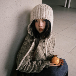 韩系ins显脸小纯色系带针织毛线帽女秋冬季百搭护耳雷锋帽飞行帽