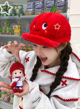 可爱卡通苹果红色毛绒棒球帽女秋冬保暖拍照显脸小大头围鸭舌帽子
