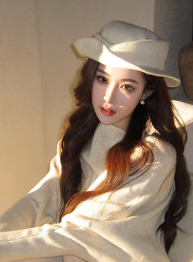 千金风卷边白色礼帽女秋冬贵气名媛风优雅气质渔夫帽子显脸小盆帽