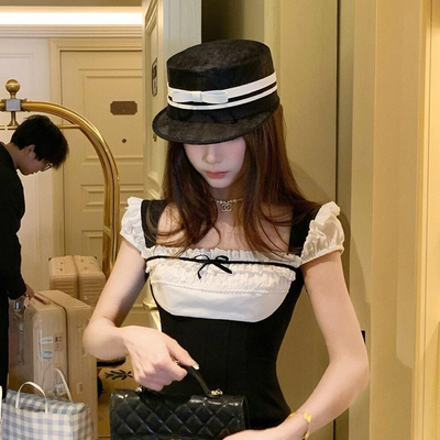 法式小香风麻纱蝴蝶结马术帽女夏季出游度假防晒遮阳帽子时尚礼帽