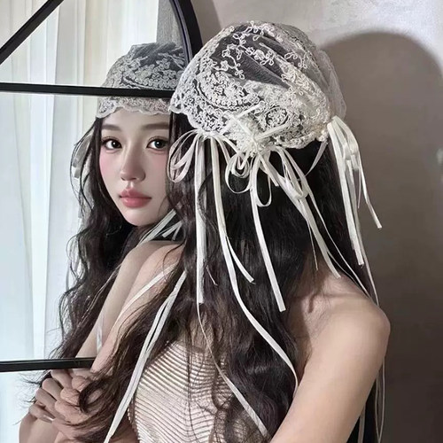 法式蕾丝蝴蝶结丝带包头帽女甜美百搭公主新娘头饰婚纱礼服配饰