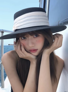 法式复古黑色平顶草帽女春夏季海边沙滩度假风防晒遮阳帽子太阳帽