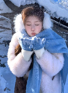 雾霾蓝色流苏围巾女冬季2025新款韩系氛围感仿羊绒保暖护颈围脖潮