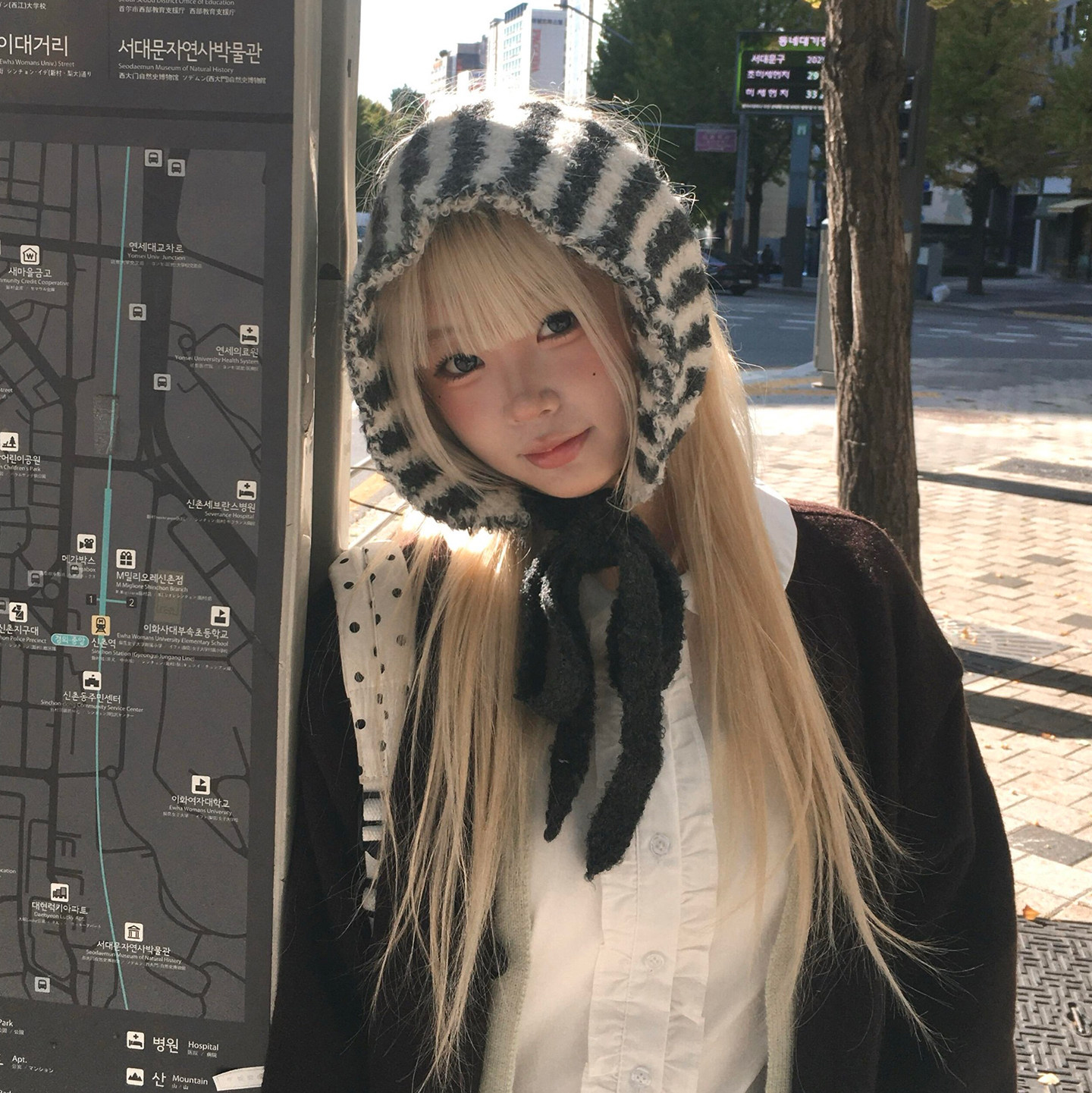 韩版ins个性条纹针织小围巾女秋冬时髦设计系带包头护耳保暖耳罩