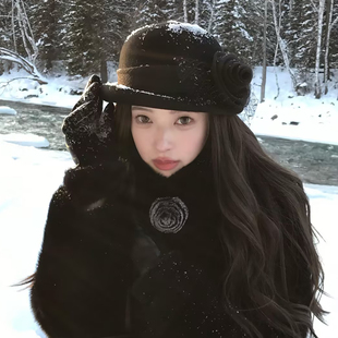 『高品质』黑色网纱花朵卷边礼帽女冬季留洋千金风贝雷帽渔夫帽子