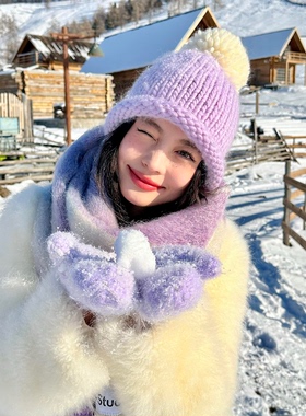 冬季紫色毛球针织帽女2025新款防风保暖护耳毛线帽子显脸小冷帽潮
