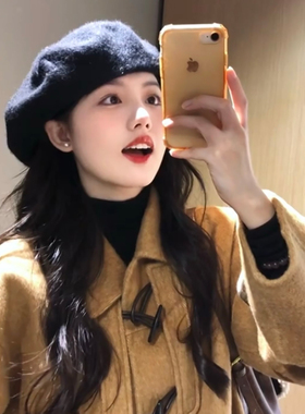 复古黑色毛呢贝雷帽子女2025新款秋冬季显脸小蓓蕾小众文艺画家帽